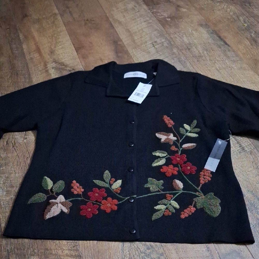 Marisa Christina loral Embroidered Black Cardigan